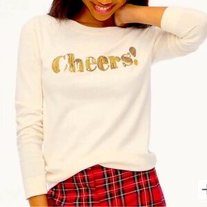 J Crew Womens Cheers Teddie Sweater L Cream Sequin Graphic Indie Sleaze